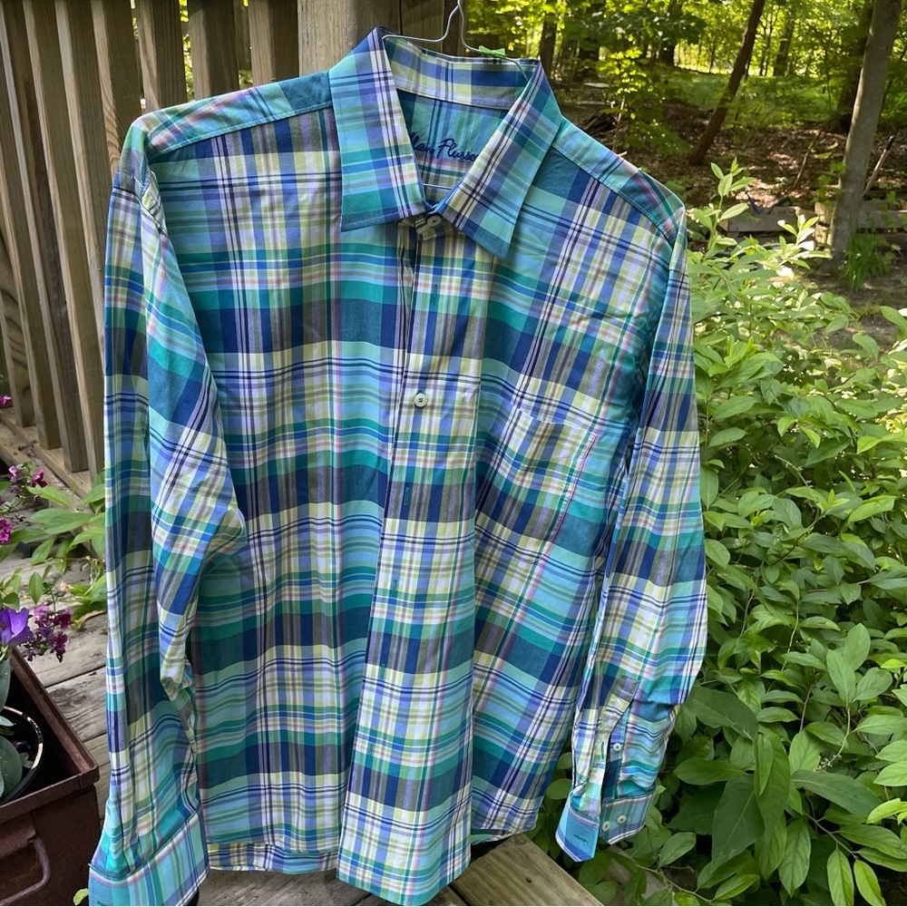 Alan Flusser Cotton Plaid Button Down Shirt - Size Large
